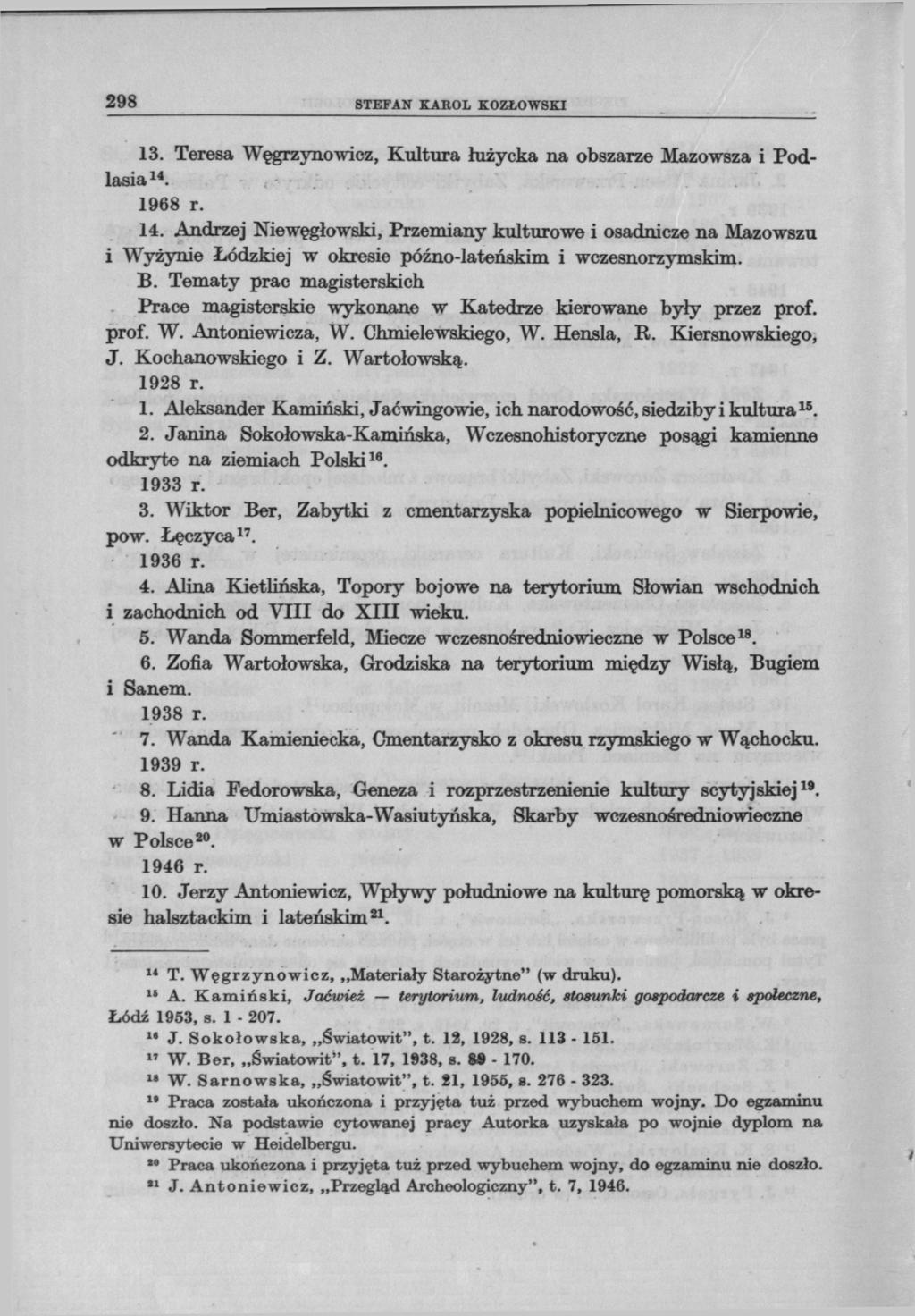 298 STEFAN KAHOL KOZŁOWSKI 13. Teresa Węgrzynowicz, Kultura łużycka na obszarze Mazowsza i Podlasia 14.