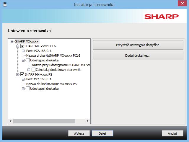 Spis treści Windows / Wybierz oprogramowanie do zainstalowania Instalacja sterownika drukarki / sterownika pc-fax (procedura wspólna) Instalacja własna 4 Po pojawieniu się okna wyboru sterownika