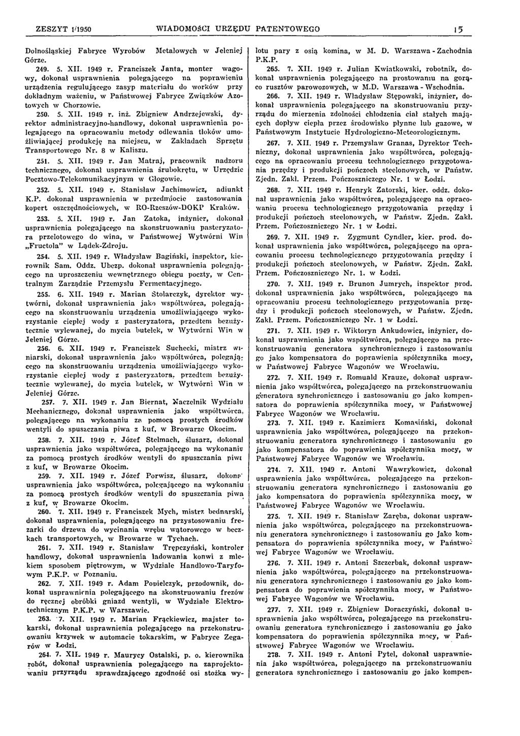 Z E SZ Y T 1/1950 W IADOM OŚCI U R Z Ę D U PA TEN TO W E G O 15 D olnośląskiej F abryce W yrobów M etalow ych w Jelen iej Górze. 249. 5. X II. 1949 r.