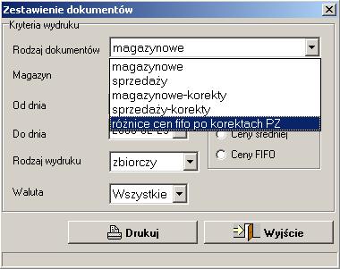 c) Zestawienie dokumentów magazynowych w walucie Zestawienie dokumentów magazynowych w cenach rozchodu moŝna wydrukować w zaleŝności od wyboru dokonanego w polu waluta w następujących wariantach: -