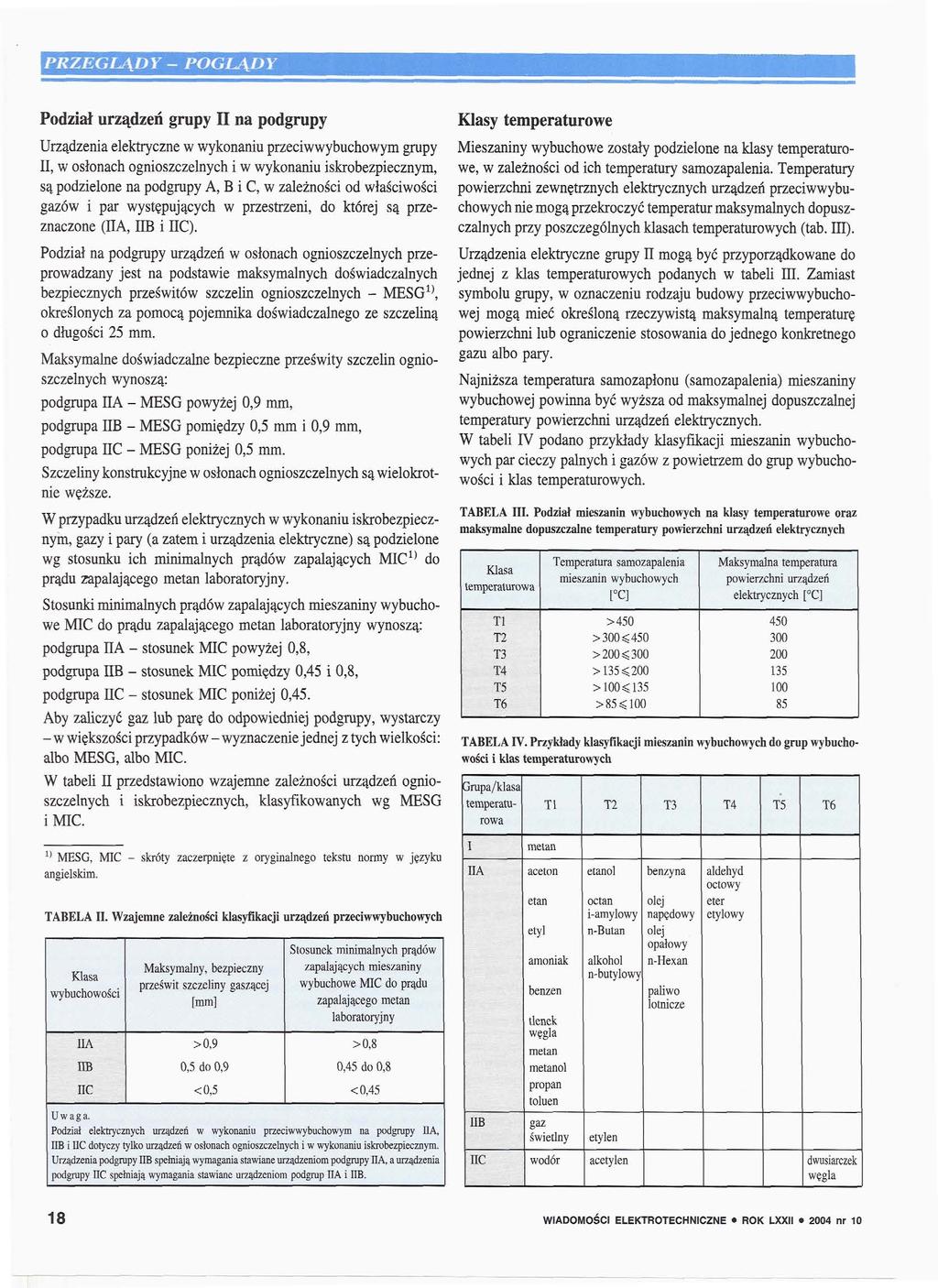 Podział urządzeń grupy II na podgrupy w wykonaniu przeciwwybuchowym grupy II, w osłonach ognioszczelnych i w wykonaniu iskrobezpiecznym, są podzielone na podgrupy A, B i C, w zależności od