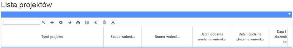 Przy pomocy tej ikony możesz wysłać gotowy już projekt do Instytucji Zarządzającej RPO WO 2014-2020. Drukuj. Zaznaczając projekt na liście i kilokając na ten przycisk możesz wydrukować swój projekt.