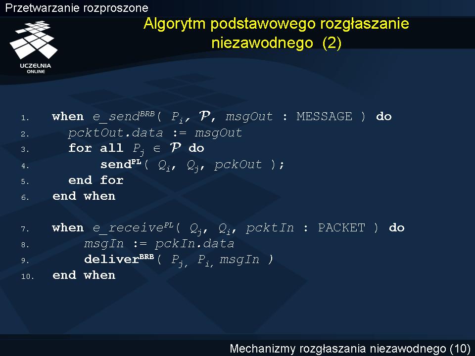 Algorytm podstawowego rozgłaszanie niezawodnego (2) Przypomnijmy, że send PL ( Q i, Q j, pcktout ) jest mechanizmem kanałów niezawodnych.