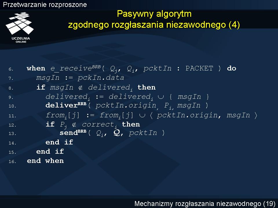 Pasywny algorytm zgodnego rozgłaszania niezawodnego (4) Odebranie pakietu przez monitor Q i od monitora Q j powoduje sprawdzenie, czy wiadomość aplikacyjna zawarta w pakiecie nie była już wcześniej