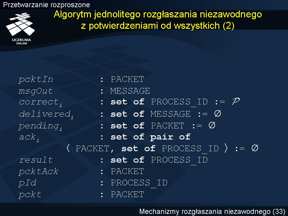 Algorytm jednolitego rozgłaszania niezawodnego z potwierdzeniami od wszystkich (2) Większość zmiennych używanych przez prezentowany teraz algorytm ma znaczenie identyczne jak w przypadku zgodnego