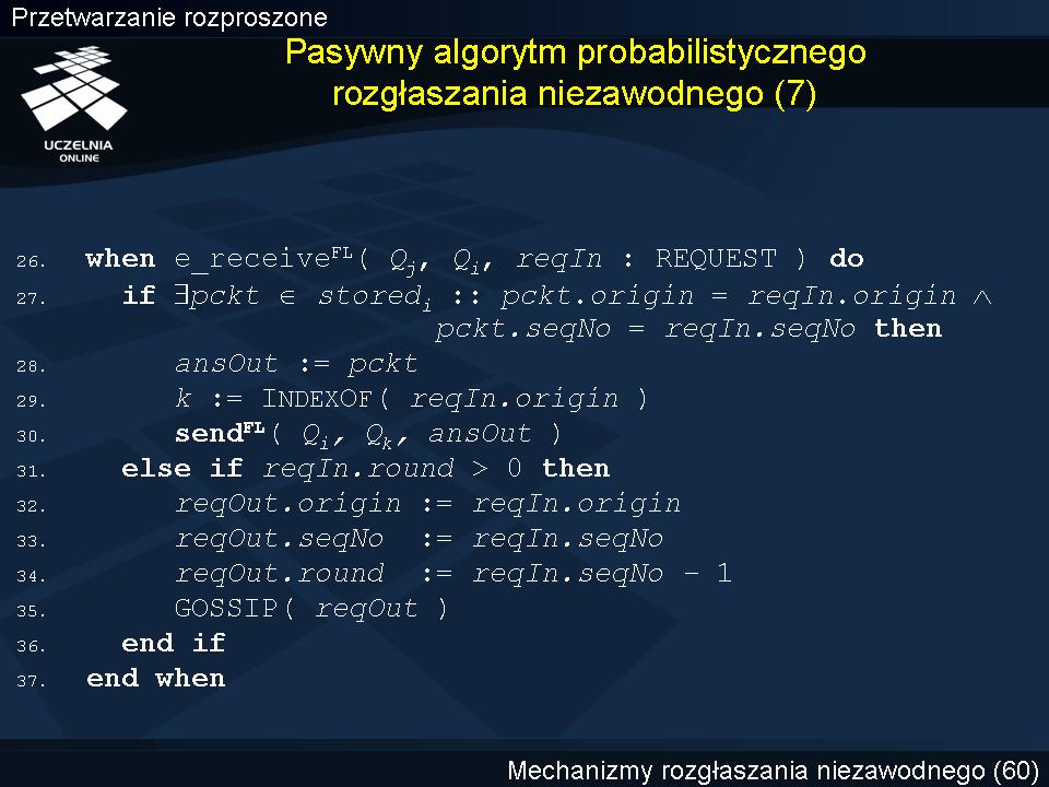 Pasywny algorytm probabilistycznego rozgłaszania niezawodnego (7) Monitor Q i otrzymując prośbę o retransmisję pakietu, spełnia ją, jeżeli posiada poszukiwany pakiet od określonego nadawcy i o