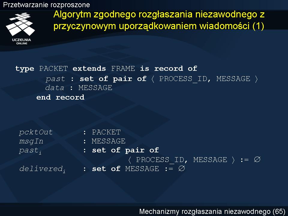 Algorytm zgodnego rozgłaszania niezawodnego z przyczynowym uporządkowaniem wiadomości (1) Wiadomości aplikacyjne przesyłane są w komunikatach typu PACKET.