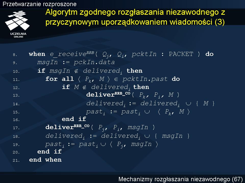 Algorytm zgodnego rozgłaszania niezawodnego z przyczynowym uporządkowaniem wiadomości (3) Wiadomość aplikacyjna przenoszona przez pakiet jest dostarczana tylko i wyłącznie wtedy, jeżeli zostaną