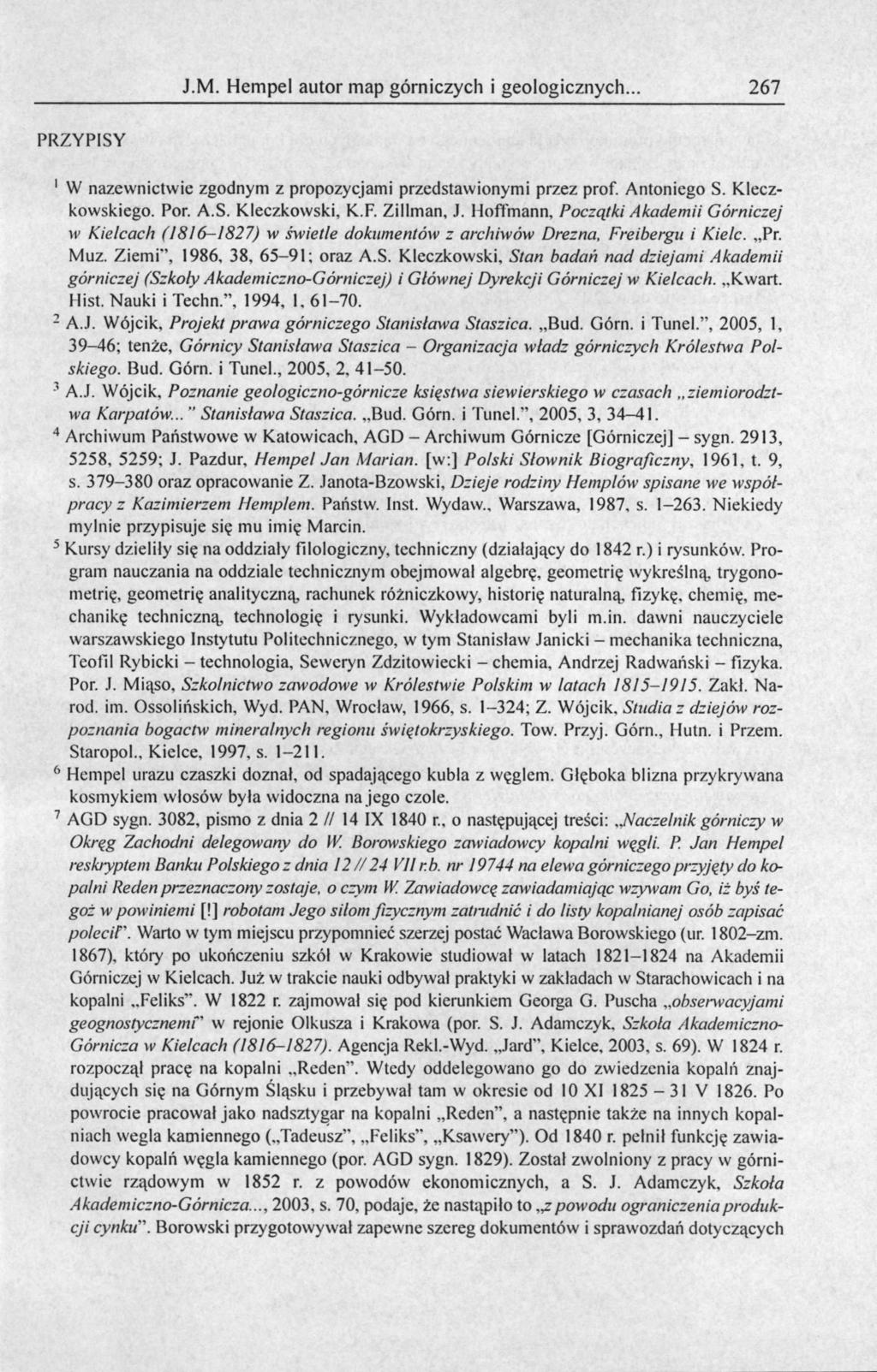 J.M. Hempel autor map górniczych i geologicznych.. 267 PRZYPISY 1 W nazewnictwie zgodnym z propozycjami przedstawionymi przez prof. Antoniego S. Kleczkowskiego. Por. A.S. Kleczkowski, K.F. Zillman, J.