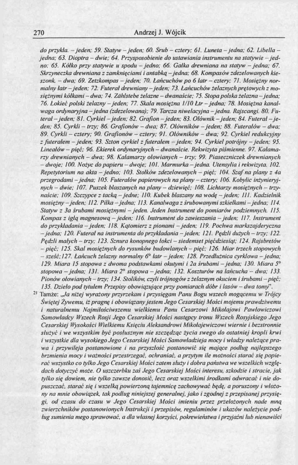 270 Andrzej J. Wójcik do priykła. - jeden; 59. Statyw - jeden; 60. Śrub - cztery; 61. Luneta - jedna; 62. Libella - jedna; 63. Dioptra - dwie; 64.