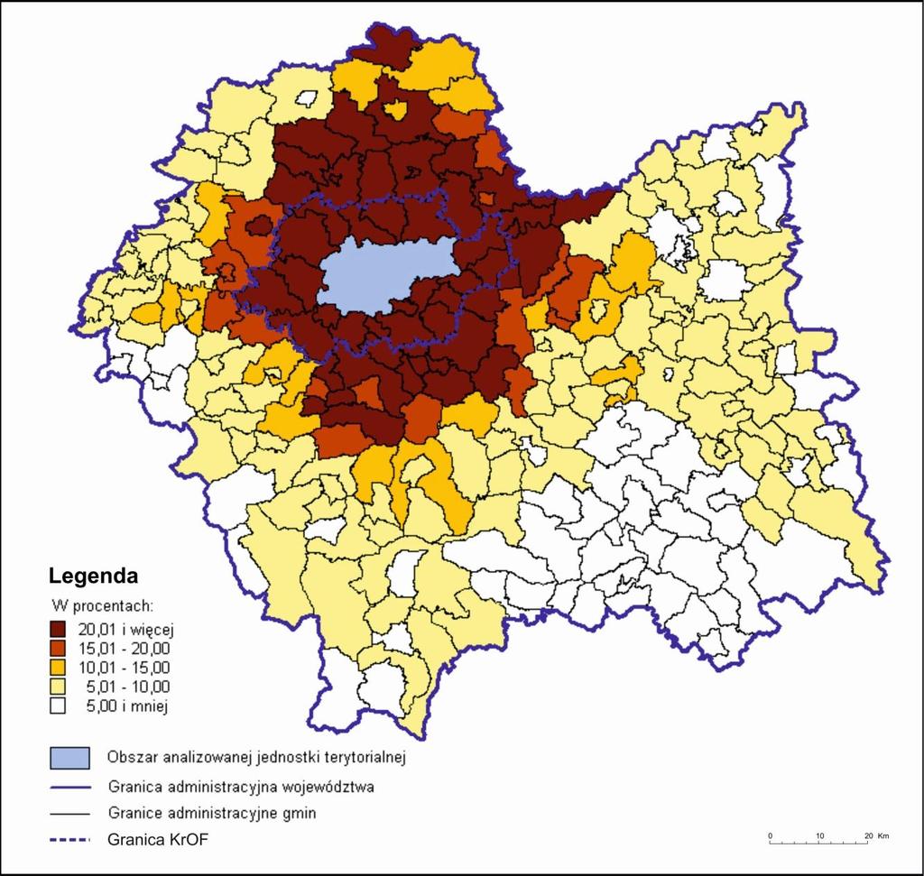 do Krakowa 91 tys. osób, w tym: 25,3 tys. z gmin strefy podmiejskiej KrOF do Skawiny (5,3 tys.