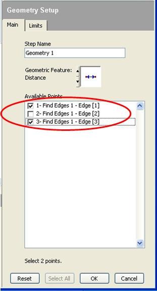 Ze względu na fakt iż w opisywanym przykładzie narzędzie do odnajdywania krawędzi, odnalazło 3 krawędzie, w oknie konfiguracji narzędzia Measure Features Geometry, należy
