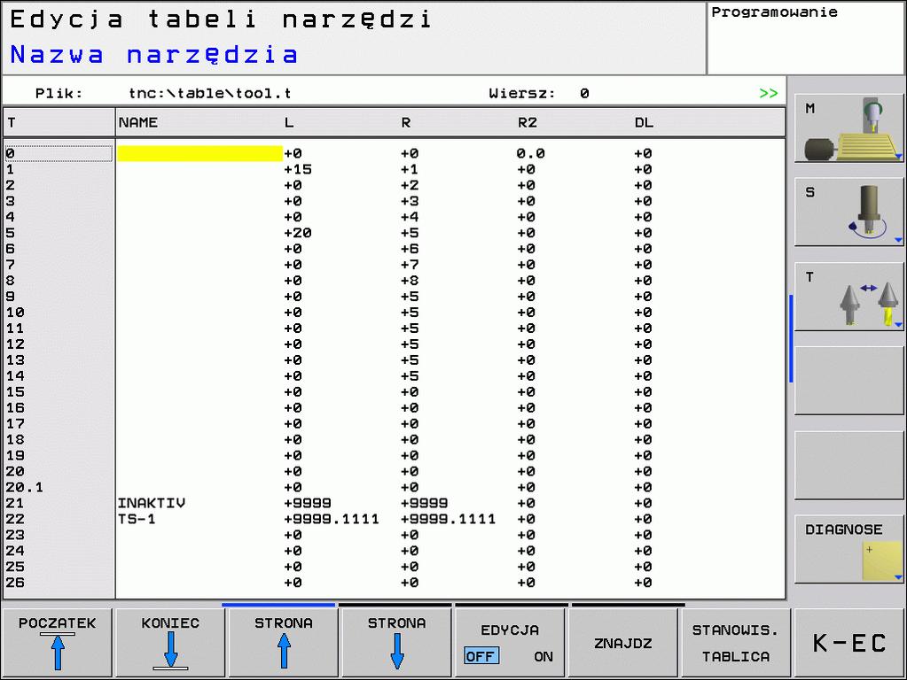 5.2 Dane o narzędziach Edycja tabeli narzędzi Obowiązująca dla przebiegu programu tabela narzędzi nosi nazwę TOOL.T i musi zostać zapisana w katalogu table do pamięci. Tabela narzędzi TOOL.