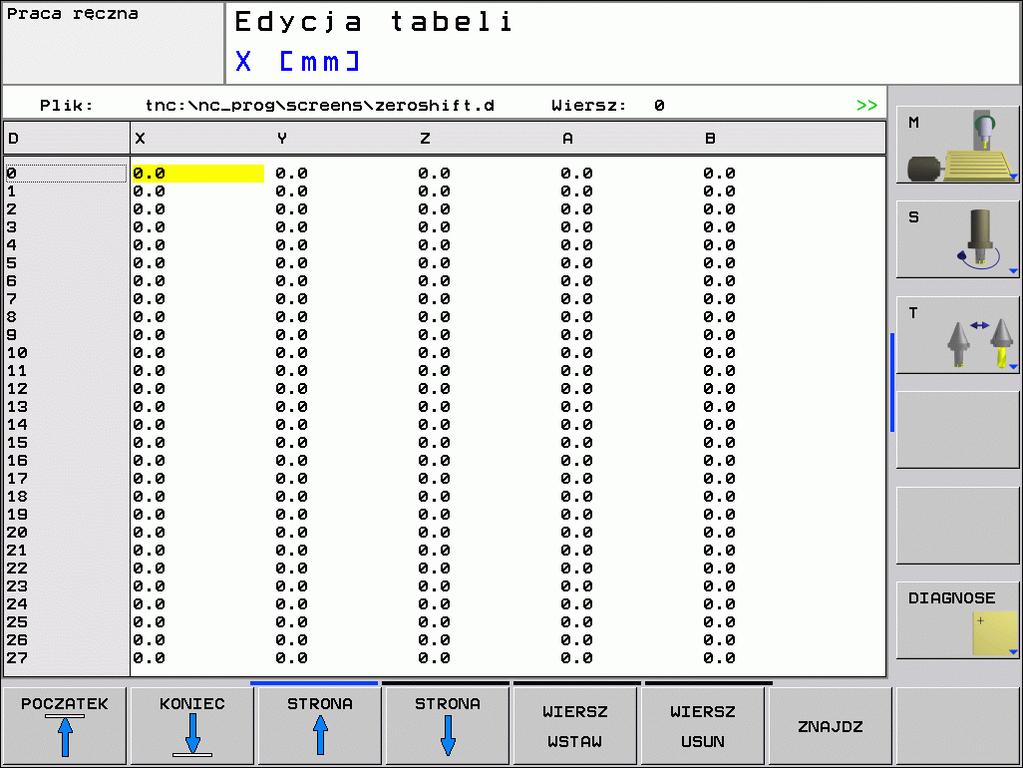8.7 Cykle dla przeliczania współrzędnych Konfigurować tabelę punktów zerowych Jeśli nie chcemy definiować punktu zerowego dla aktywnej osi, to proszę nacisnąć klawisz DEL.
