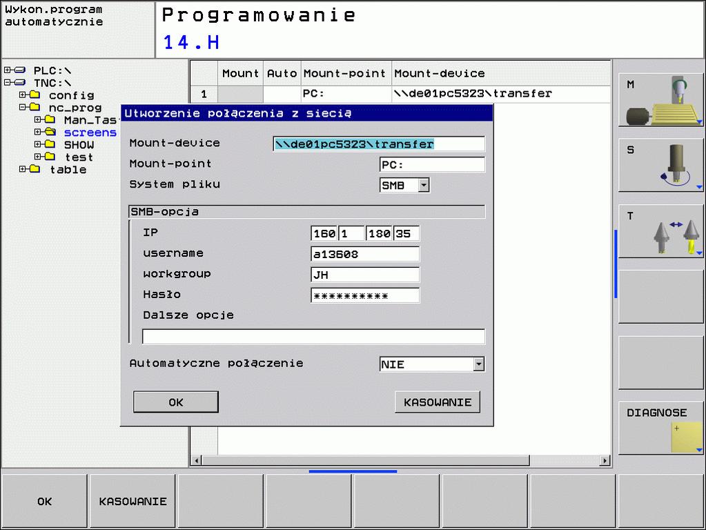 Konfigurowanie dostępu sieciowego do innych urządzeń (mount) Proszę zlecić konfigurowanie TNC fachowcom do spraw sieci komputerowej.