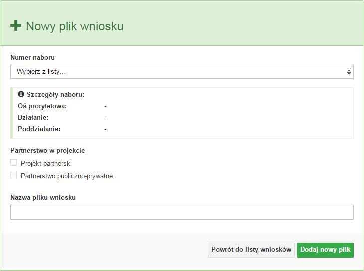 Po kliknięciu na przycisk DODAJ NOWY PLIK generator wniosku przeniesie użytkownika do formularza wniosku.