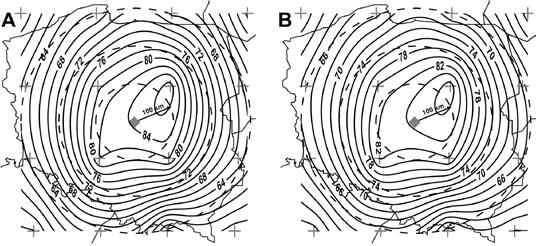 48 P. Piotrowski Rys. 2. Zgodność procentowa kierunku adwekcji względem centrum Polski w oparciu o dane co 6 godzin (A) i dominantę dobową (B) Fig. 2. Compatibility of advection direction with respect to the center of Poland based on data every 6 hours (A) and mode for 24 hours (B) Rys.