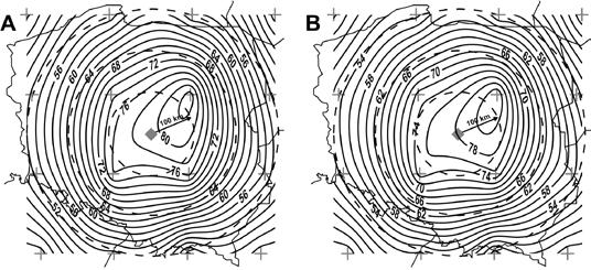 Compatibility of atmospheric circulation type with respect to the center of Poland based on data every 6 hours (A) and mode for 24 hours (B) Taka sama analiza dotycząca kierunku adwekcji wykazała