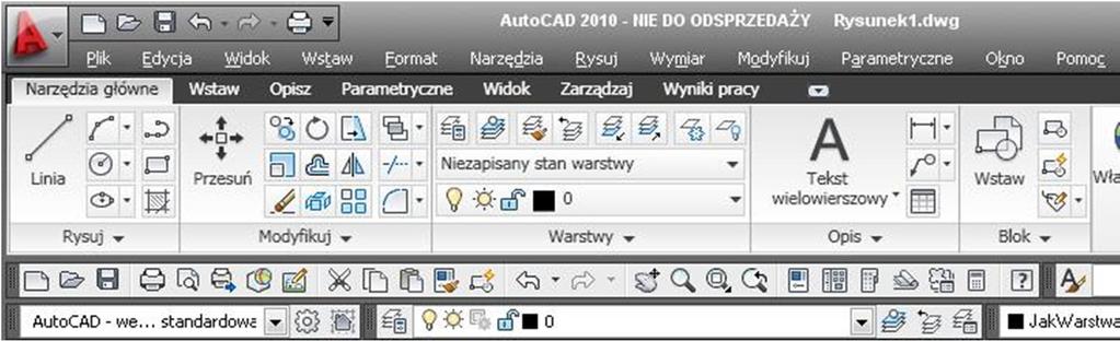 Rysunek 1.3 Wygląd (wstążka) górnego menu Wstążka składa się z kilku paneli, zgrupowanych na kartach oznaczonych według zadania.