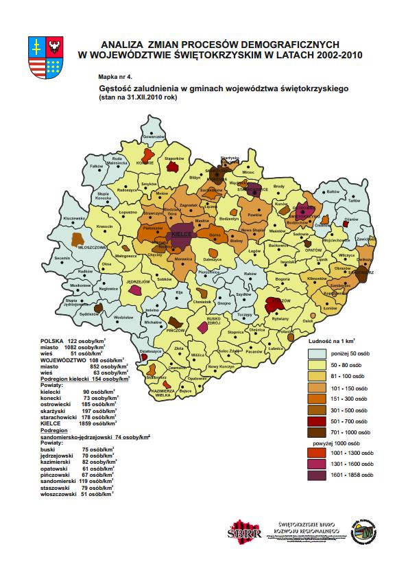 Mapa 3 Gęstość zaludnienia w gminach województwa świętokrzyskiego wg stanu na 31.12.2010r. Źródło: https://bip.sejmik.kielce.pl Najliczniejszą miejscowością są Nowiny, które na 31.12.2015r.