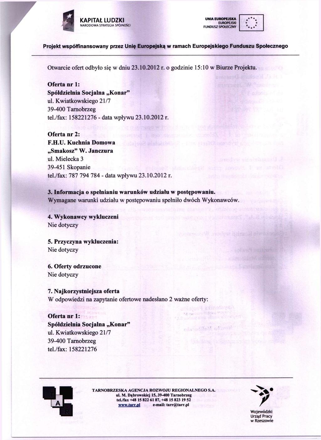 I NARODOWA KAPITAŁ LUDZKI STRATEGIA SPÓJNOŚCI Otwarcie ofert odbyło się w dniu 23.10.2012 r. o godzinie 15:10 w Biurze Projektu. Oferta nr 1: Spółdzielnia Socjalna Konar" - data wpływu 23.10.2012 r. Oferta nr 2: Smakosz" W.