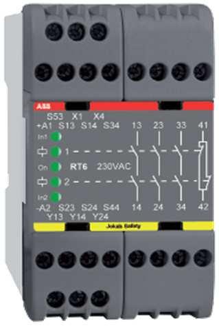 Bezpieczeństwo maszyn PN-EN ISO 13849-1 -> PL; PN-EN 62061 -> SIL(CL) Moduły / przekaźniki bezpieczeństwa Przekaźniki bezpieczeństwa ABB Jokab Safety typ RT Uniwersalne przekaźniki monitorujące