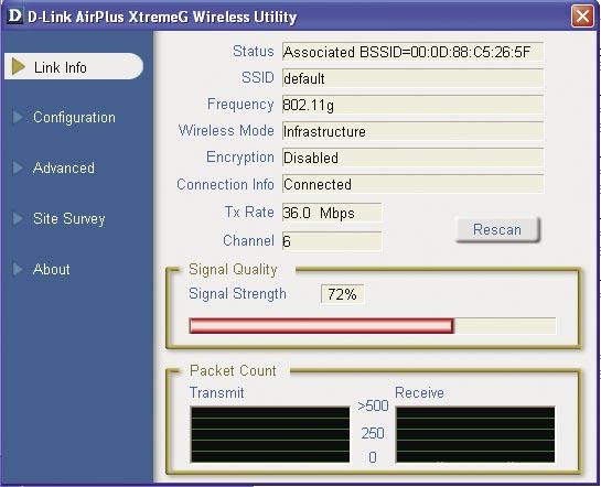 Dodatek B Używanie programu AirPlus Xtreme G Utility Status: Wyświetla adres MAC punktu dostępowego skojarzonego z kartą DWL-G132.