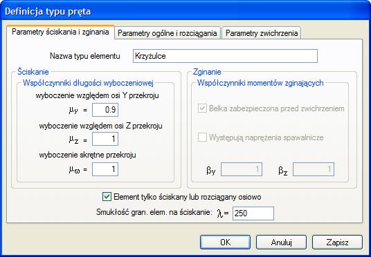 Cięgna Należy pamiętać że podczas obliczeń statycznych dla cięgien, w grupie ciężaru własnego zachodzi modyfikacja eliminująca ciężar własny samych cięgien.