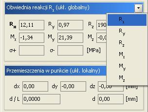 Nazwa wybranej reakcji wyświetlana jest pogrubioną czcionką, podobnie jak ma to miejsce przy siłach przekrojowych w pręcie. Pozostałe wartości reakcji są wartościami odpowiadającymi. Rys. 11.