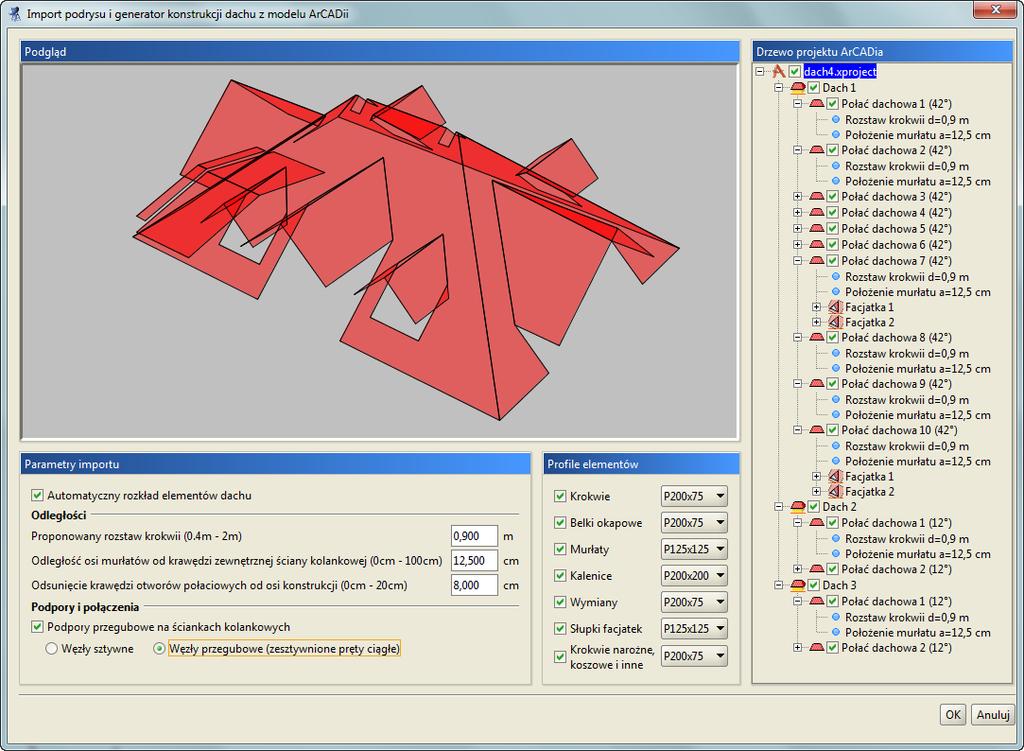 Instalowanie i uruchamianie programu Rys. 2.18 Okno dialogowe Import podrysu i generator konstrukcji dachu z modelu ArCADii Powyższe okno składa się z czterech odrębnych paneli.