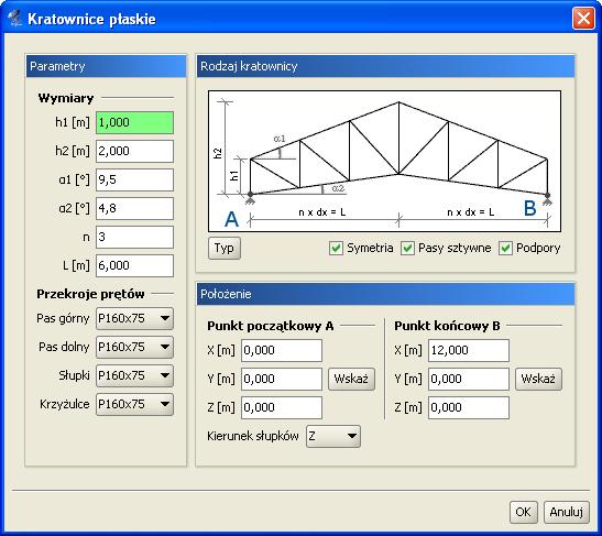 Podstawy Rys. 3.34 Menu Narzędzia Główne okno generatora składa się z trzech podstawowych zakładek: Kratownice płaskie, Wiązary dachowe i Wieże kratowe (3D): 3.7.1 Kratownice płaskie Rys. 3.35 Generator kratownic płaskich Zakładka Kratownice płaskie przeznaczona jest do wprowadzania do projektu, parametrycznie zdefiniowanych, płaskich układów kratowych.