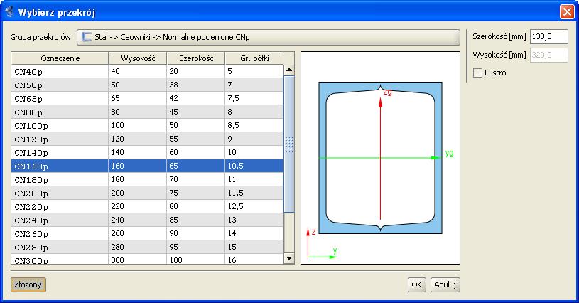 Przekroje elementów 4.2 PRZEKROJE TABLICOWE W programie zawarta jest biblioteka przekrojów stalowych, żelbetowych oraz drewnianych. Przekrój wybiera się z okna biblioteki przekrojów.