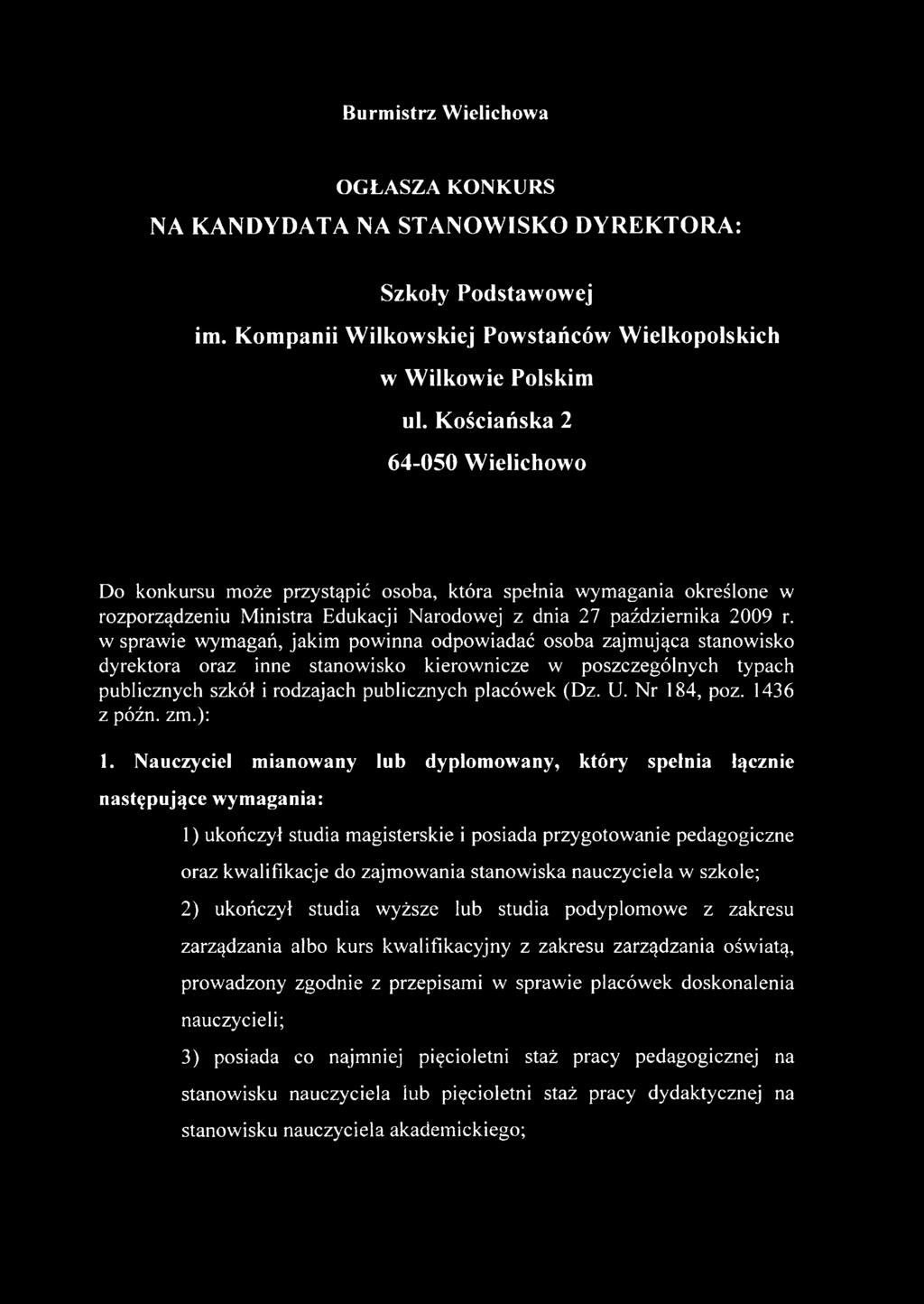 w sprawie wymagań, jakim powinna odpowiadać osoba zajmująca stanowisko dyrektora oraz inne stanowisko kierownicze w poszczególnych typach publicznych szkół i rodzajach publicznych placówek (Dz. U.