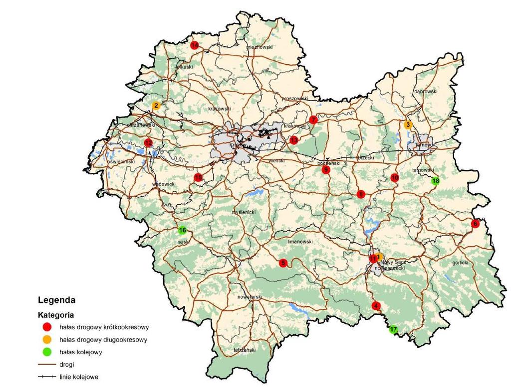 liczba przekroczeń Informacja o stanie środowiska w 2016 roku W trzech punktach nie określono przekroczeń ze względu na brak ustaleń w planie zagospodarowania przestrzennego dot.