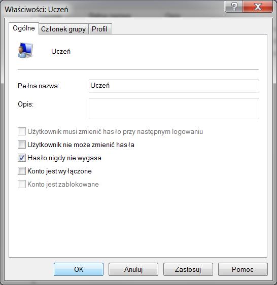 Nawet w metodzie najbardziej zaawansowanej, czyli przez przystawkę Użytkownicy i grupy lokalne, administrator nie może od razu ustawić wszystkich parametrów.