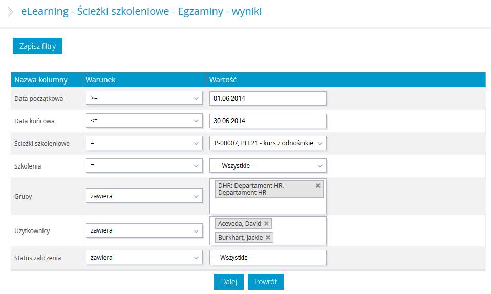 Administracja Rysunek 40 Ustawianie filtrów dla wybranego raportu Dodatkowo z poziomu tego ekranu istnieje możliwość zapisania raportu, jako jednokrotnie wykonanego lub wykonywanego cyklicznie, co