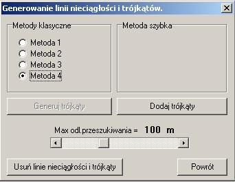 3.0 GENEROWANIE LINII NIECIĄGŁOŚCI I TRÓJKĄTÓW Generuj trójkąty metodą (przycisk)- NAJWAśNIEJSZA funkcja programu. Generuje linie nieciągłości i następnie odpowiadający im podział na trójkąty.