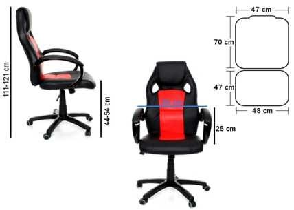 9. 0. Fotel biurowy obrotowy - wymiary jak na załączonym obrazku - profilowane siedzenie, oparcie oraz podłokietniki - wysokiej jakości miękki materiał - skóra EKO + siatka - fotel posiada regulację