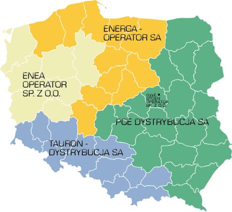 Rysunek 4-10 Zasięg terytorialny spółek zajmujących się dystrybucją energii elektrycznej Źródło: www.cire.