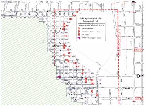 8 PRZEGLĄD GÓRNICZY 2015 Rys. 9. Szkic wyrobisk górniczych pola G-11/8, schemat strzelania w dniu 14.06.2014 r. Fig. 9. Outline of mining excavations with field G-11/8, blasting scheme from 14 June 2014 Tablica 1.