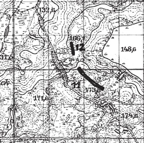 Fig. 3. The location of the cemetery (11) and settlement (12) from the Roman and Migration periods, marked on the archaeological map by Dr Arthur Schmidt.