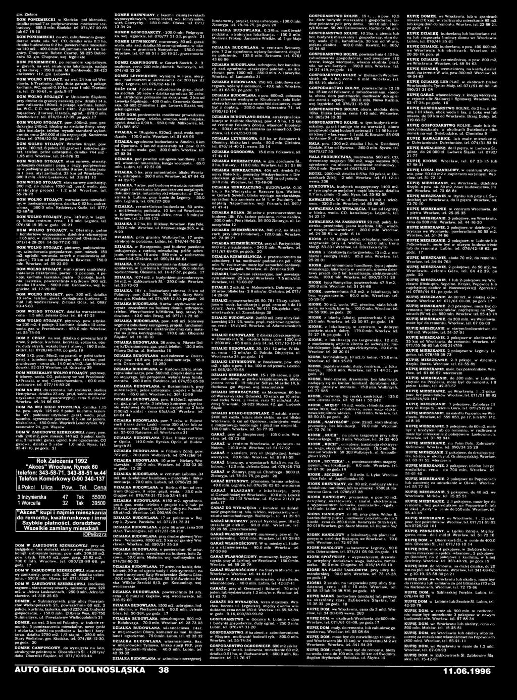 9-17 DOM W OLNO S TO JĄCY, w Unisławiu Śląskim, przy drodze do granicy czeskiej, pow. działki 14 a. pow. całkowita 180m2. 4 pokoje, kuchnia, łazien ka. W.C.. C.O. na węgiel i elktr.