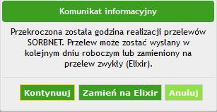 W przypadku tworzenia przelewu z przyszłą datą realizacji w polu Data realizacji należy wybrać właściwą datę. W przypadku wysyłania przelewu SORBNET należy wybrać właściwą wartość w polu Typ przelewu.