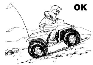 Kierowanie ATV po wzniesieniach Jazda tym ATV po szczególnie stromych podjazdach stwarza zagroŝenie.