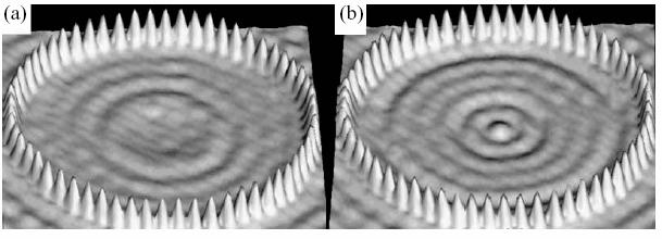 A quantum corral of 60 Fe atoms assembled and viewed on Cu(001) by STM at 4K.