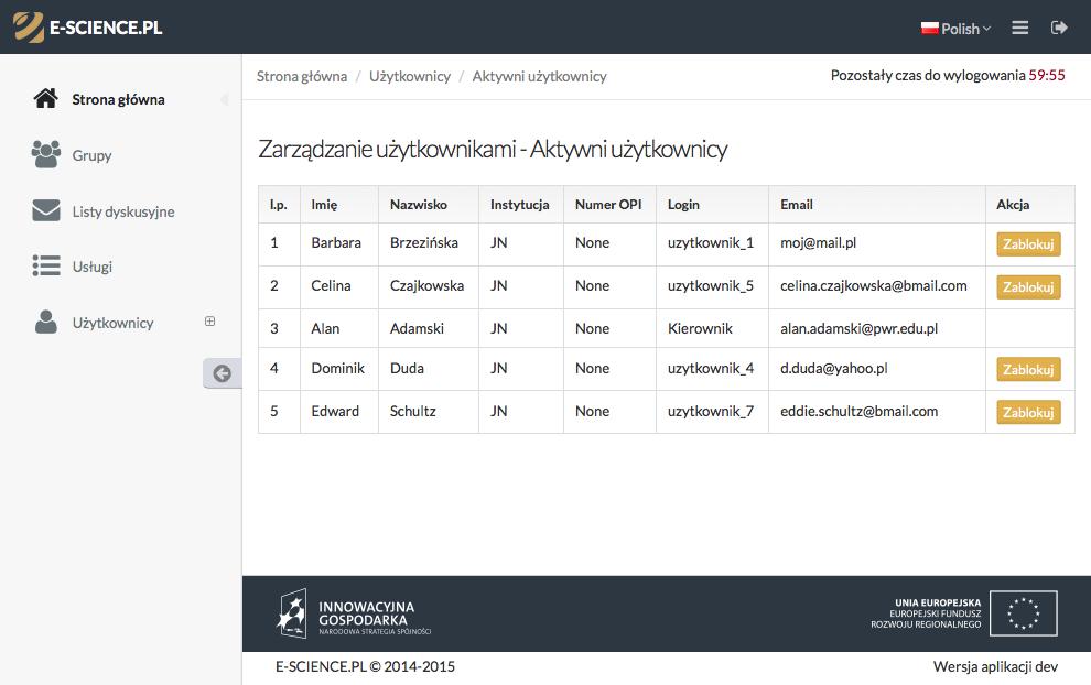 1.3 Funkcje i uprawnienia kierownika zespołu Rys. 1.8: Widok listy aktywowanych użytkowników. 1.3.2 Blokowanie użytkowników W każdym momencie kierownik może zablokować użytkownikom dostęp do usług w ramach swojego zespołu.