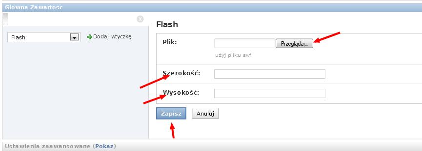 Wtyczka Flash umożliwia dodanie pliku z dysku, który zawiera animacje w technologii Flash (Rys. 12). W polach "Szerokość" i "Wysokość" można ustalić rozmiary dodawanego pliku.