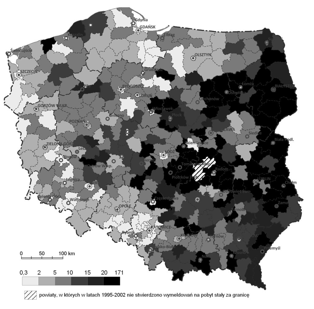 48 Przemysław Śleszyński Dopiero porównanie wartości procentowych obydwu zmiennych pokazuje istotniejsze różnice, polegające na różnych relacjach pomiędzy rejestrowanymi wymeldowaniami a wynikami