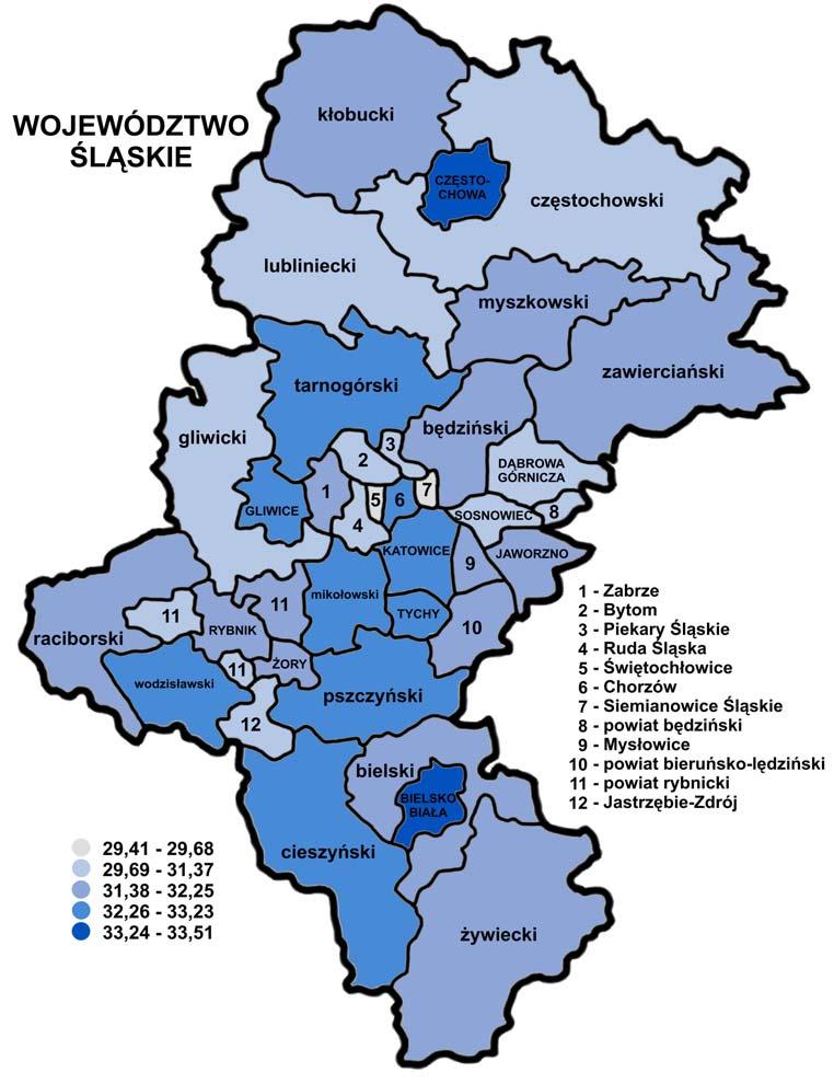 3.3. Wyniki uczniów (słuchaczy) rozwiązujących standardowy zestaw zadań egzaminacyjnych w powiatach województwa śląskiego Zamieszczona mapa konturowa województwa śląskiego pokazuje terytorialne