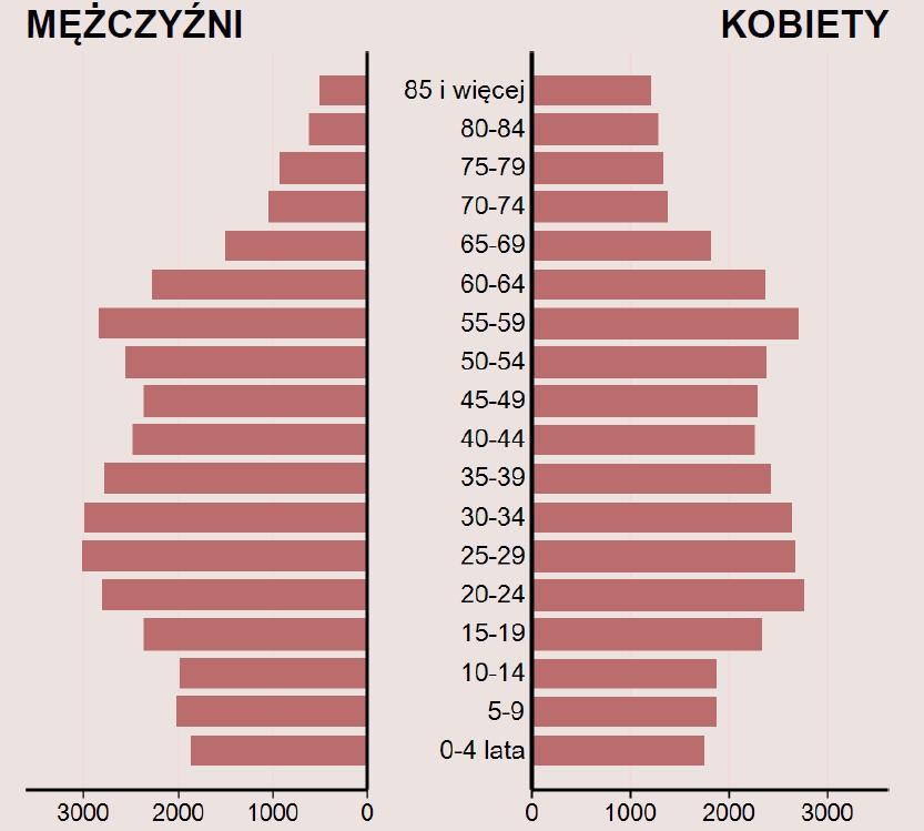 II. Czynniki wpływające na poziom bezpieczeństwa 2.1 STRUKTURA ZALUDNIENIA Podział mieszkańców powiatu wg płci i liczby lat przedstawia poniższy rysunek. Rysunek. 4.